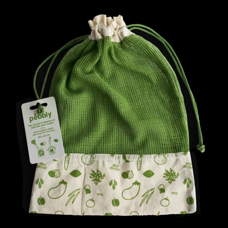 PEBBLY Sac En Tissu*Sac à Légumes Coton Bio Vert 30 x 40 cm